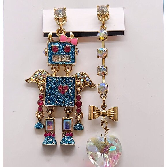 Betsey Johnson Mismatched Blue Glitter Robot Earrings Extremely Rare Collectors - Picture 3 of 11